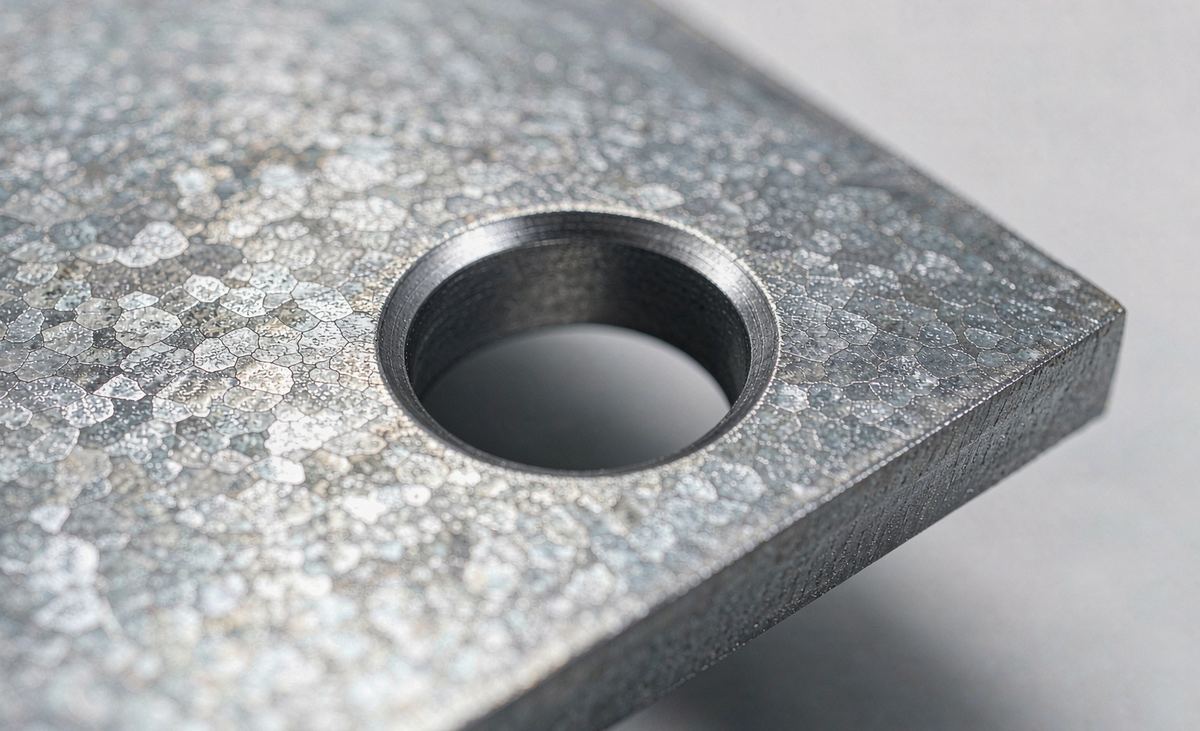 Close-up of precision drilled pin hole and deburred edge on galvanized connection lug plate