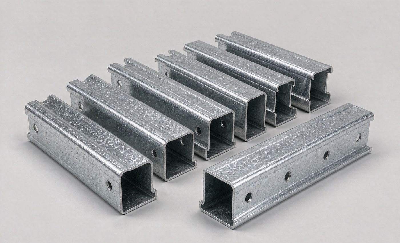 Hot-dip galvanized roll-formed steel C-channel sections with pre-punched holes for solar PV mounting structures